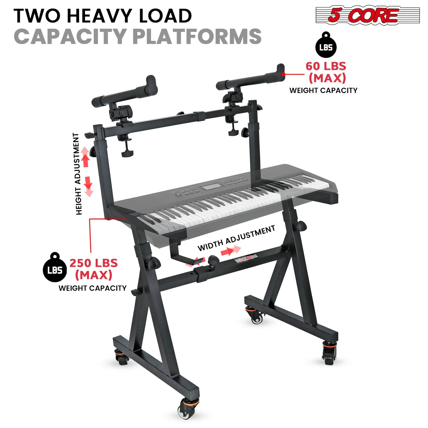5Core 2 Tier Keyboard Stand Z Style Adjustable Electric Piano Riser Holder with Wheels