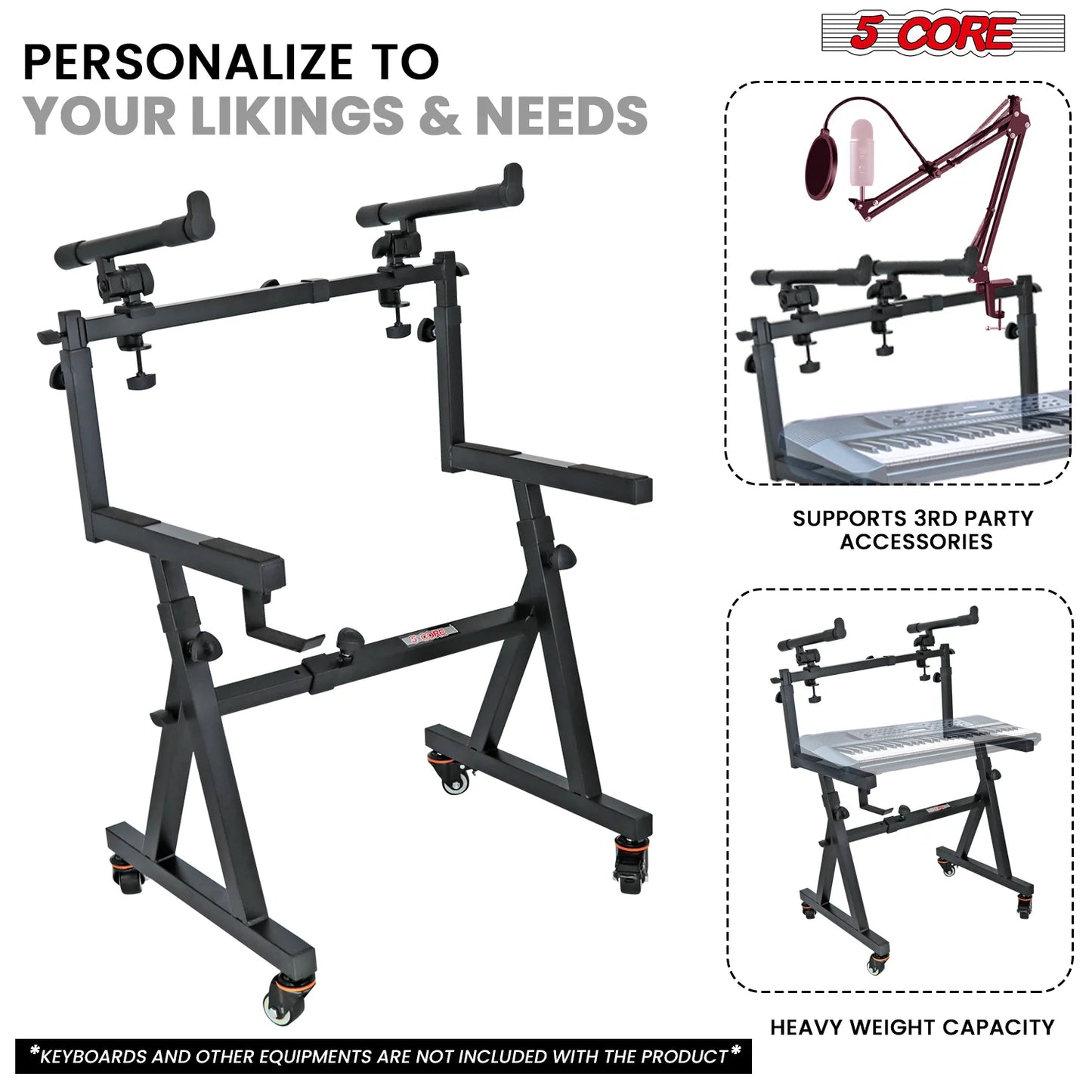 5Core 2 Tier Keyboard Stand Z Style Adjustable Electric Piano Riser Holder with Wheels