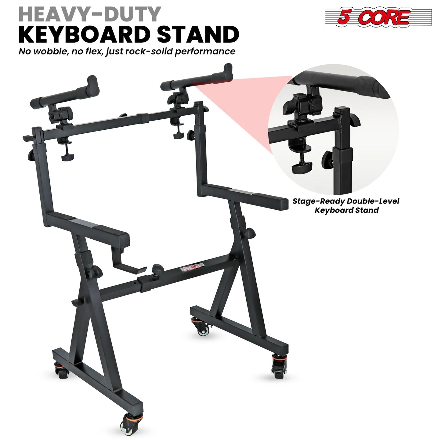 5Core 2 Tier Keyboard Stand Z Style Adjustable Electric Piano Riser Holder with Wheels
