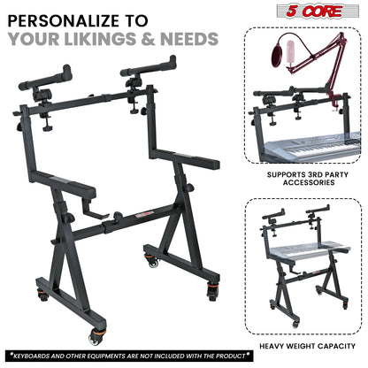 5Core 2 Tier Keyboard Stand Z Style Adjustable Electric Piano Riser Holder with Wheels